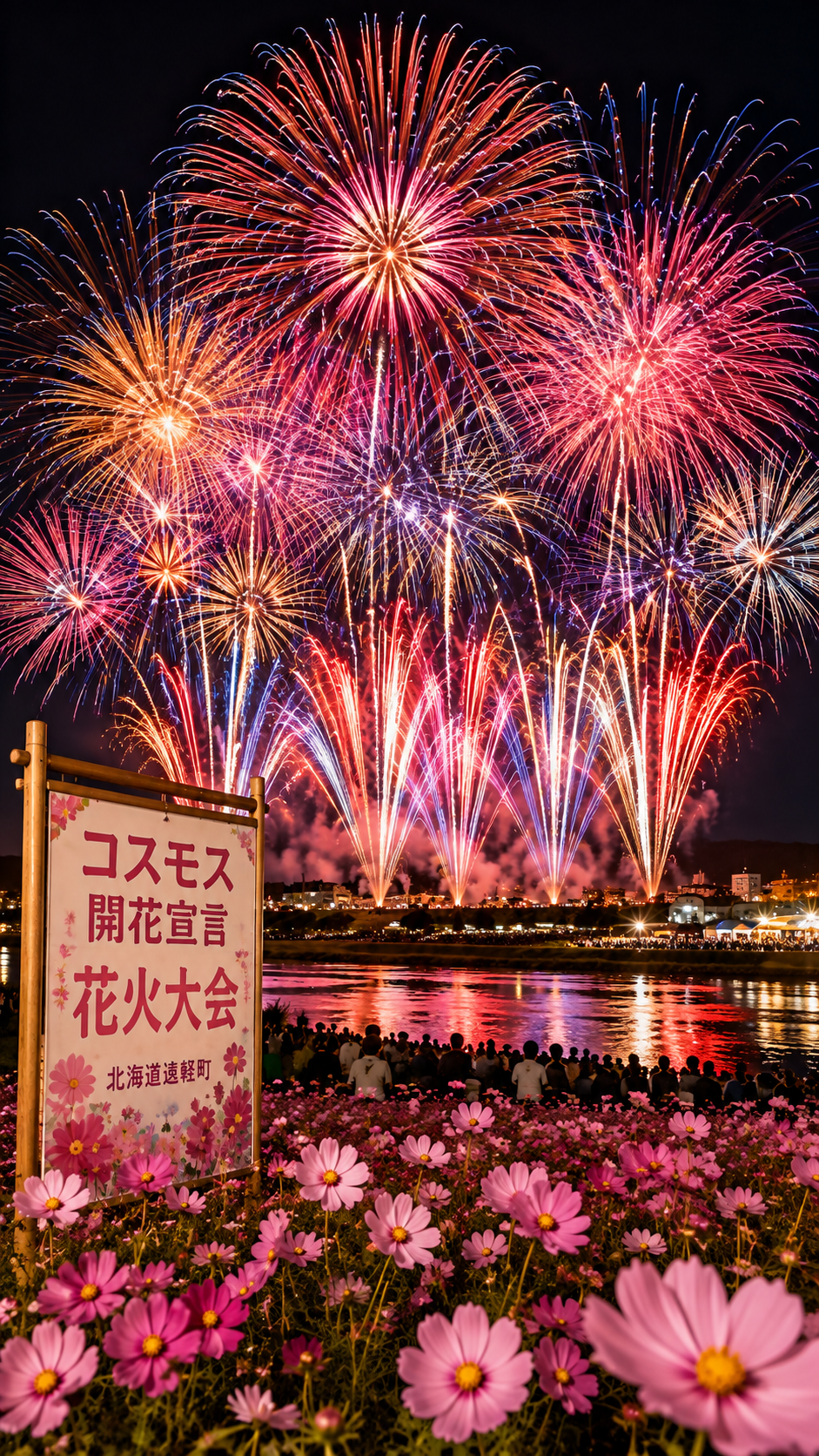 コスモス開花宣言花火大会｜約6000発が秋の訪れを告げる北海道遠軽町の花火大会｜AI映像と音声ガイドあり