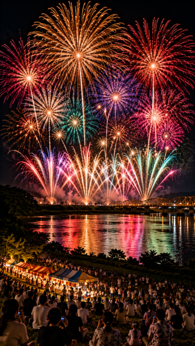 栃木県真岡市の鬼怒川河川敷で大輪の花火が夜空いっぱいに打ち上がる尊徳夏まつり大花火大会