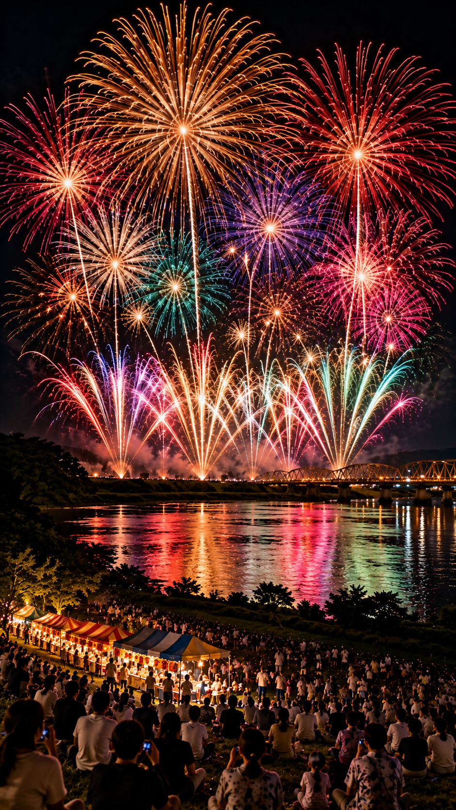 栃木県真岡市の鬼怒川河川敷で大輪の花火が夜空いっぱいに打ち上がる尊徳夏まつり大花火大会
