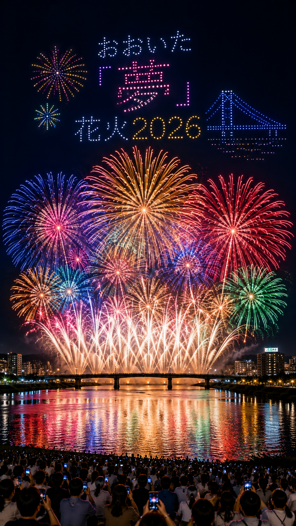 大分川の夜空に色鮮やかな花火が広がり川面にも光が映り込むおおいた「夢」花火2026