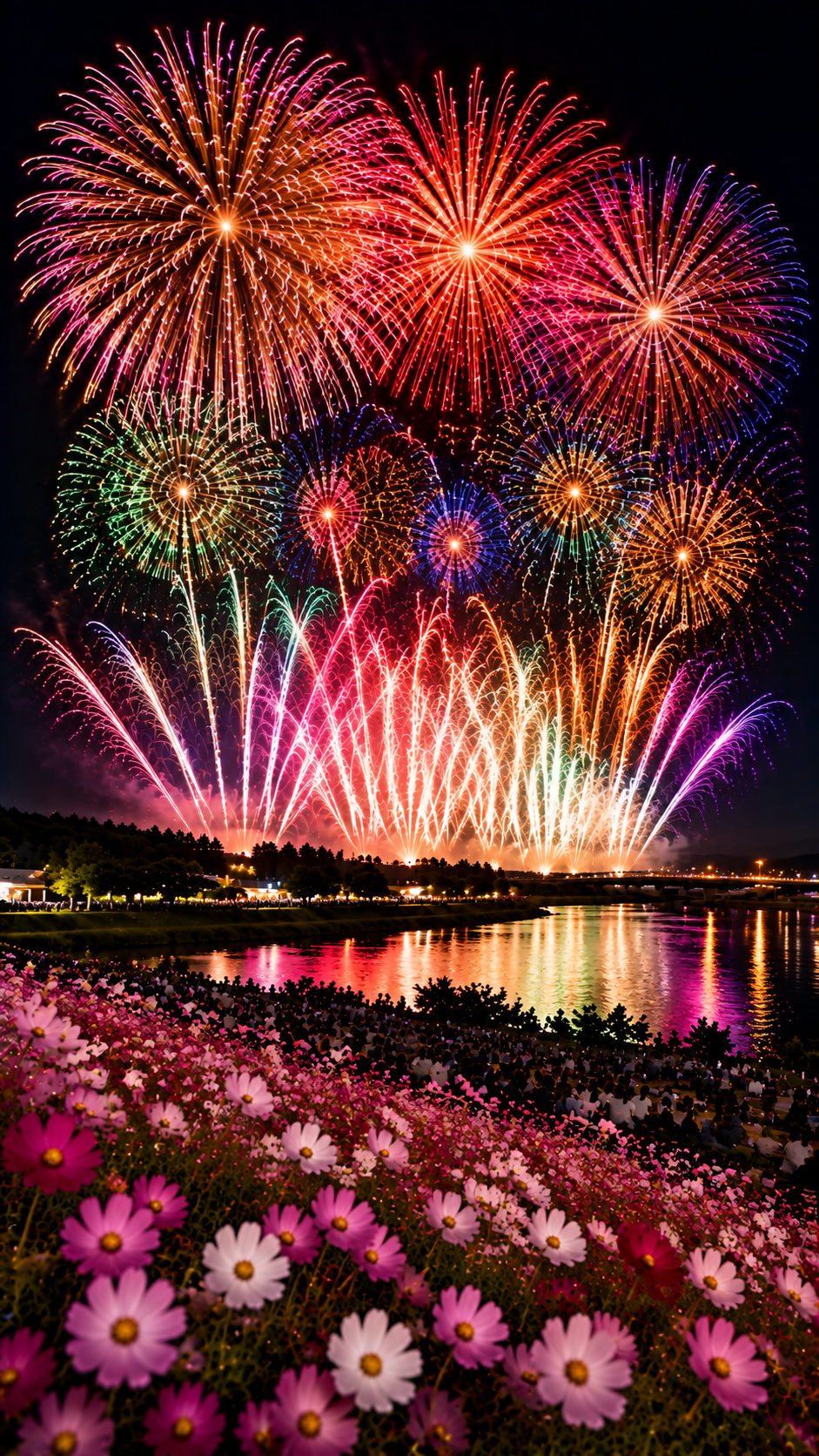 北海道遠軽町の夜空に色鮮やかな花火が広がりコスモスの季節を彩る花火大会の風景