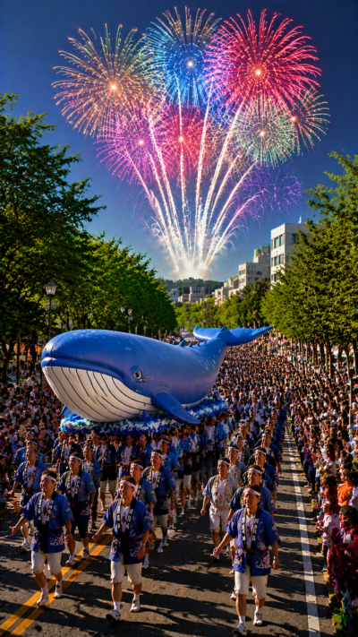 東京都昭島市の夏祭りで巨大なくじらをモチーフにしたパレードや花火が楽しめる昭島市民くじら祭の風景