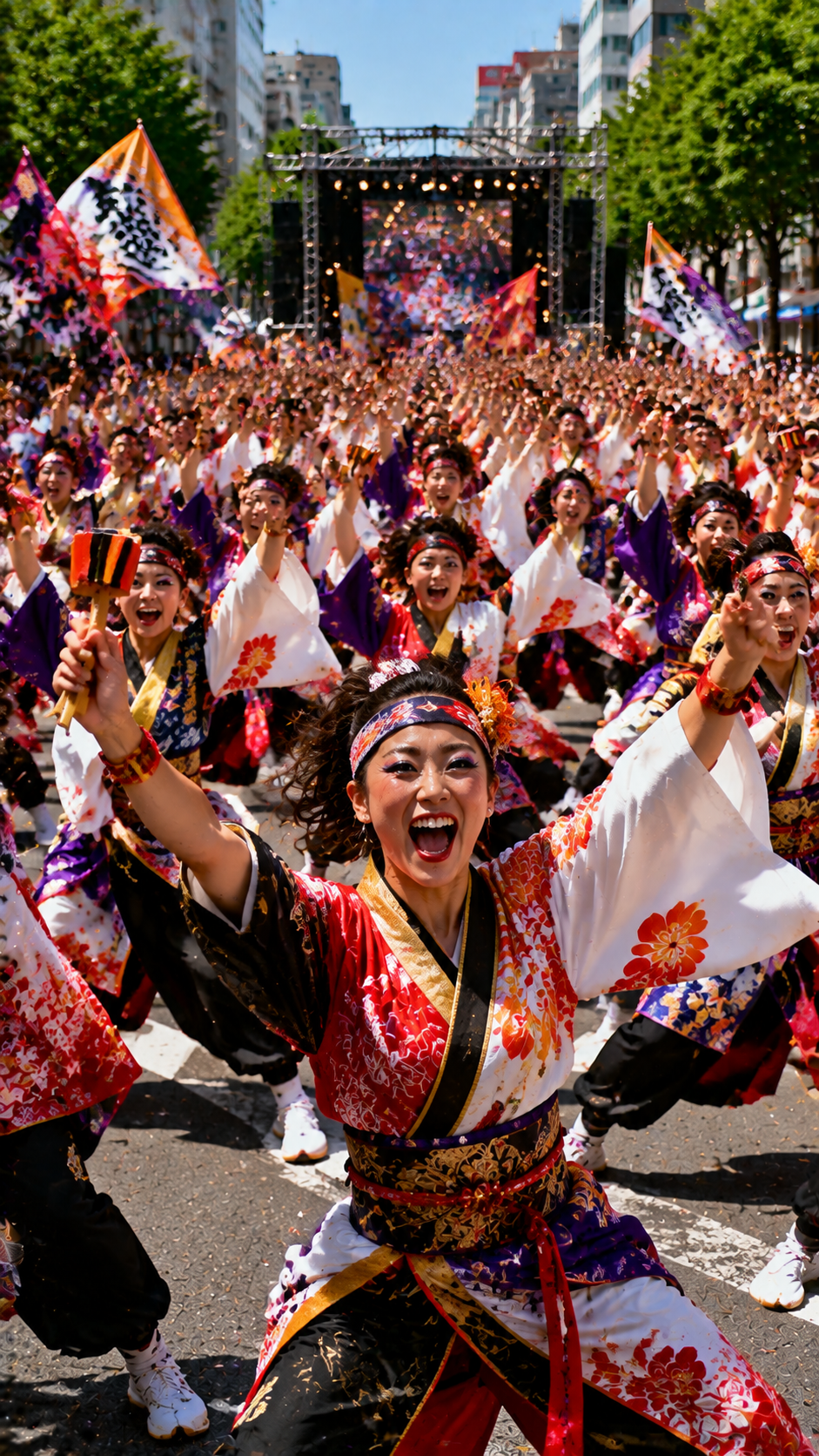 名古屋の街で華やかな衣装の踊り手たちが鳴子を持って演舞するにっぽんど真ん中祭りの光景
