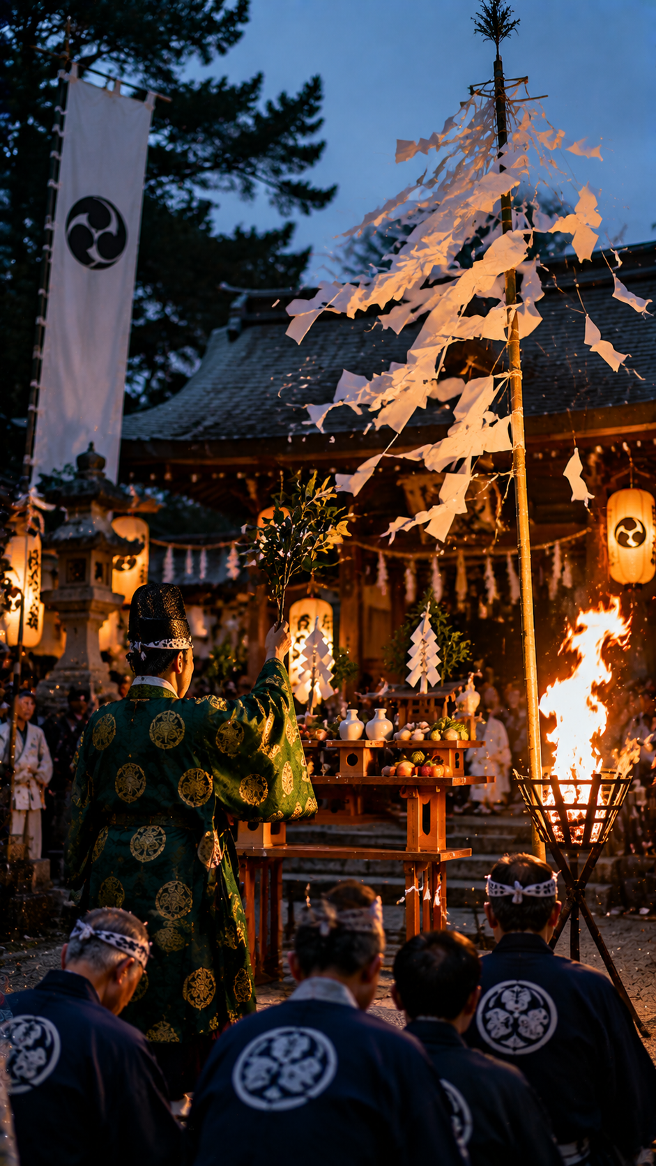 神社の境内で風を鎮め豊作を願う風鎮祭の伝統的な神事の風景