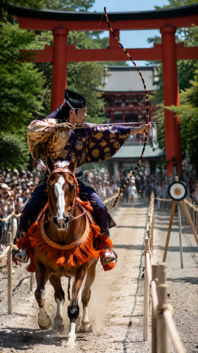 鶴岡八幡宮で伝統装束の射手が馬上から弓矢を放つ流鏑馬の迫力ある光景