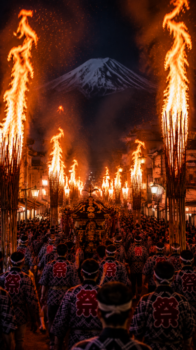 富士山の麓で巨大な松明が燃え上がる吉田の火祭りの幻想的な夜の風景