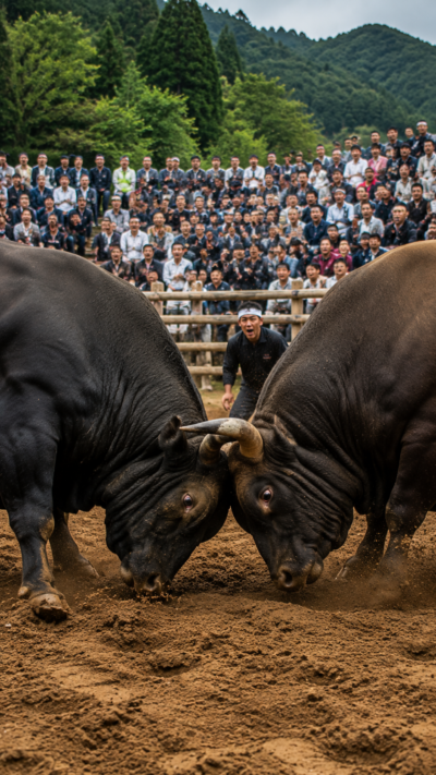 山間の闘牛場で巨大な牛同士が角を合わせる迫力ある牛の角突きの風景