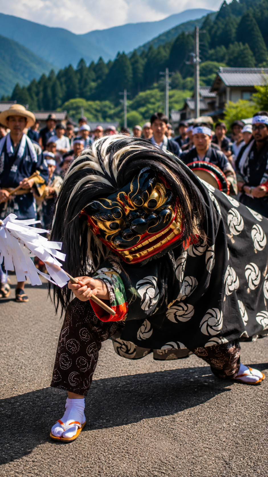 山形県長井市の蘊安神社で三頭の獅子が舞い火の輪へ飛び込む五十川獅子踊の伝統行事
