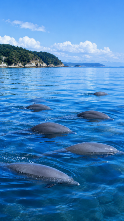 沿岸の青い海を背びれのないニシスナメリの群れが泳ぎ、丸みを帯びた灰色の背中を水面から次々と見せる風景