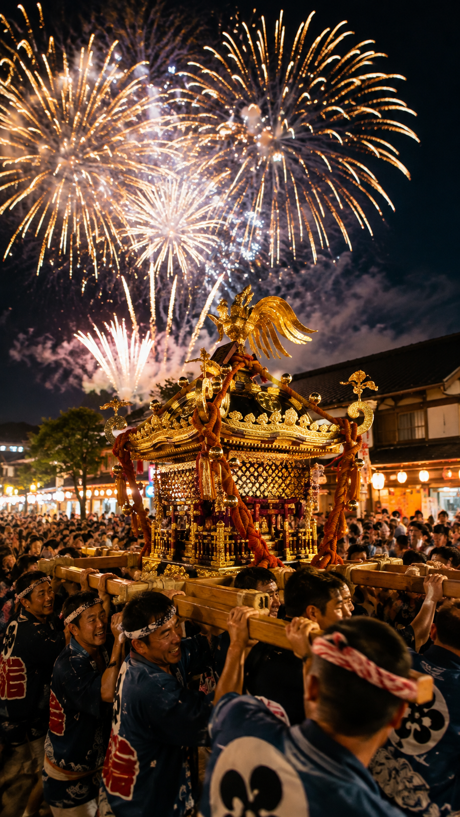 山形県最上町で神輿が町を練り歩き夜空に花火が打ち上がる最上まつりの風景