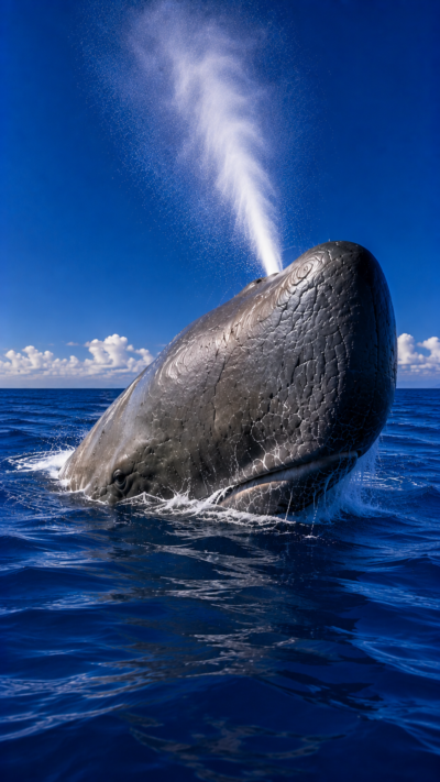 深い青色の海面から巨大なマッコウクジラが浮上し、特徴的な噴気を上げながら深海へ潜っていく迫力ある風景
