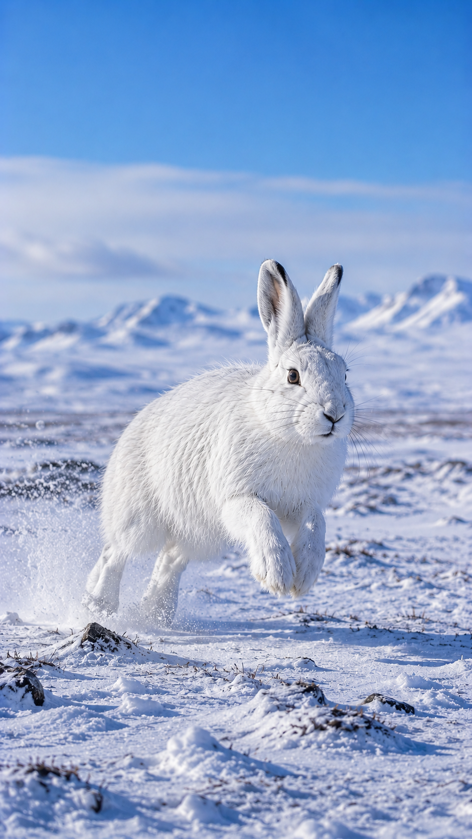 雪に覆われた北極圏のツンドラを真っ白なホッキョクウサギが力強く走り、白銀の雪原に溶け込む迫力ある風景