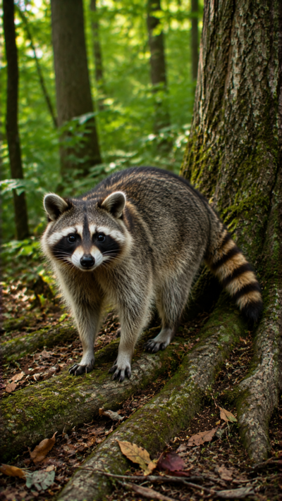 北米の森林でアライグマが木の根元に立ち、黒いマスク模様の顔と縞模様の尾を見せながら周囲を警戒する野生の風景