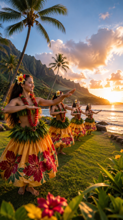 ハワイの美しい自然を背景に伝統衣装を身につけて優雅にフラを踊る人々