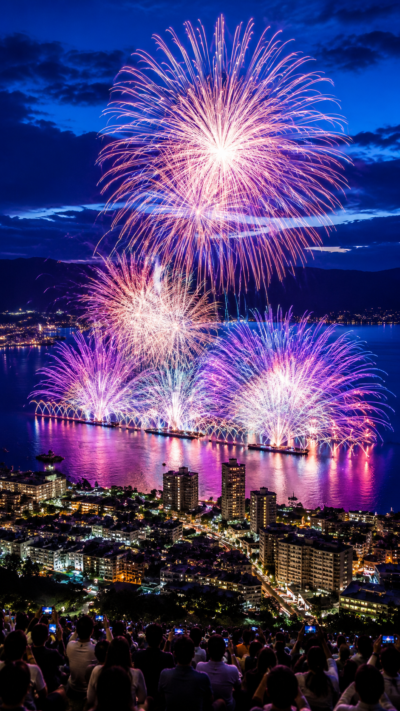 長野県の諏訪湖祭湖上花火大会で諏訪湖いっぱいに広がる湖上スターマインと大迫力の花火