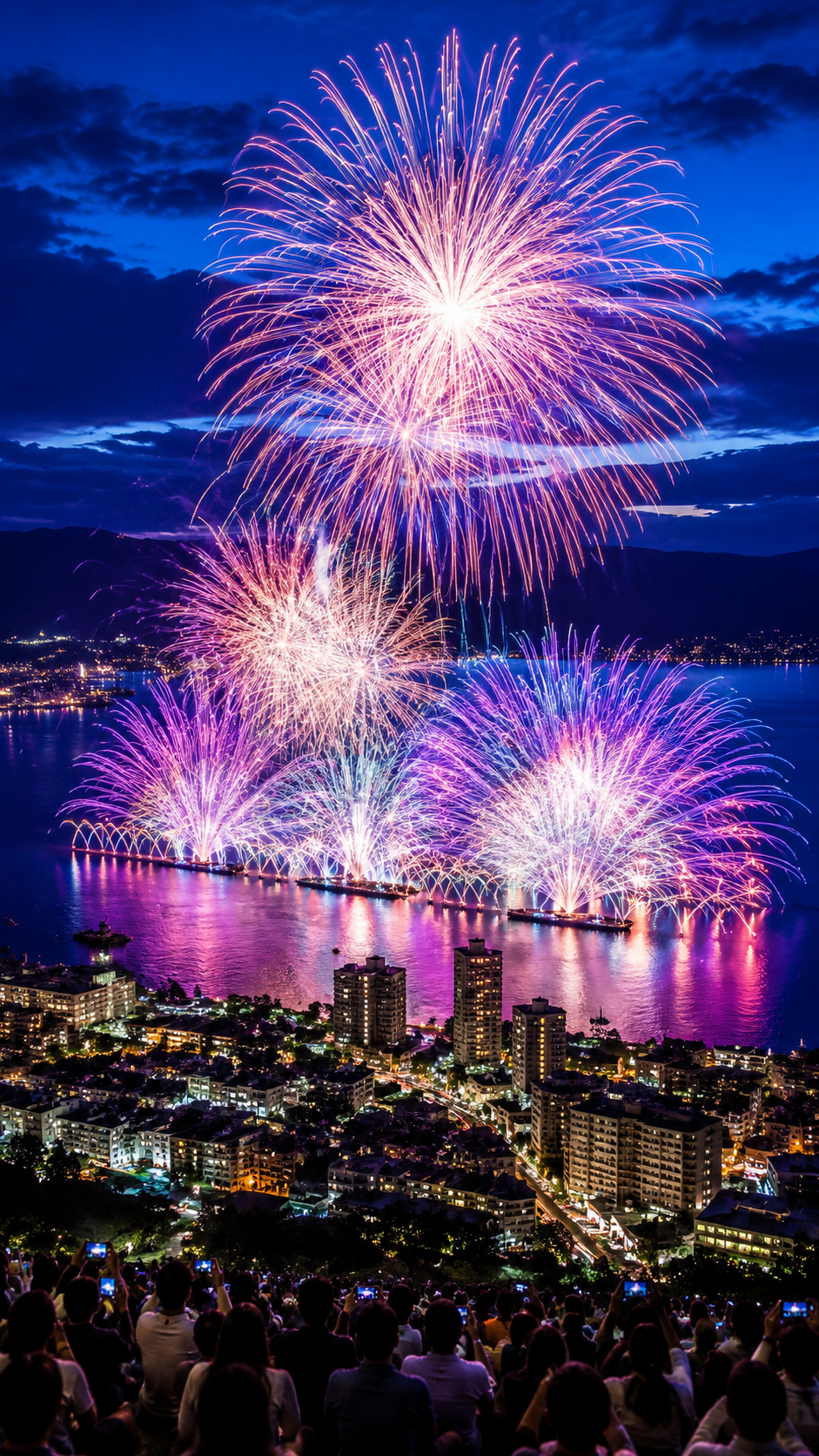 長野県の諏訪湖祭湖上花火大会で諏訪湖いっぱいに広がる湖上スターマインと大迫力の花火