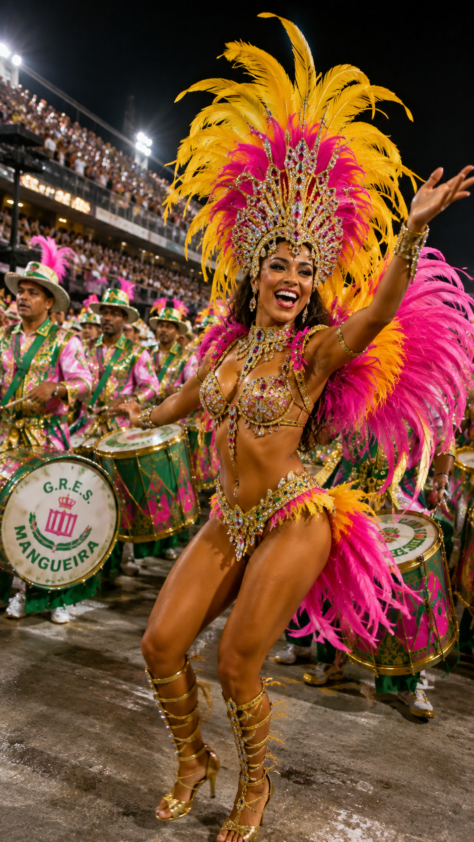 ブラジルのカーニバルで華やかな衣装を身につけ情熱的にサンバを踊るダンサーと打楽器隊