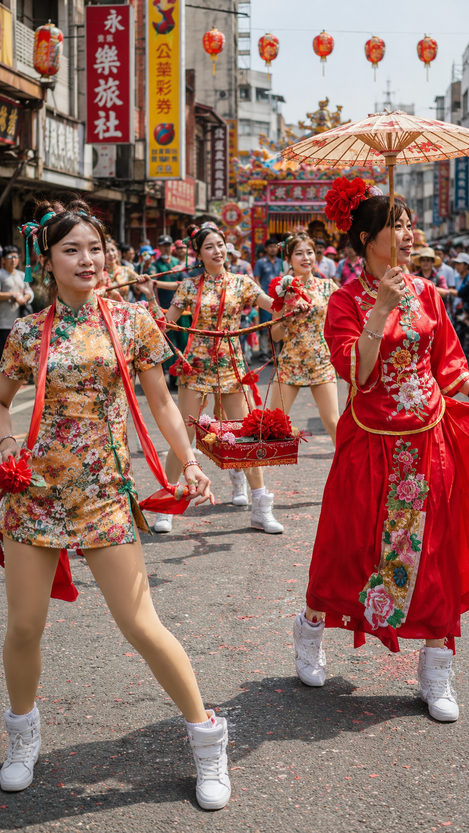 台湾の廟会で華やかな衣装を身につけ素蘭陣の伝統的なダンスを披露する潮州六姉妹