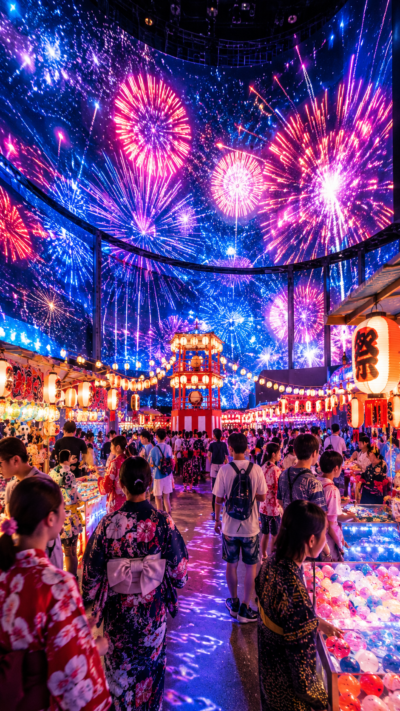 東京・お台場のTOKYOレインボー夏祭りで巨大LEDビジョンに広がるデジタル花火と華やかな縁日を楽しむ会場