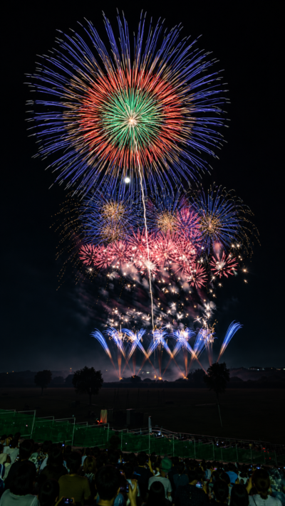 利根川河川敷から打ち上がる色鮮やかな大花火が夜空と川面を照らすとりで利根川大花火