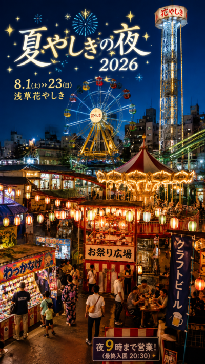 東京・浅草花やしきの夏やしきの夜2026でライトアップされた夜のアトラクションと縁日を楽しむ夏の遊園地