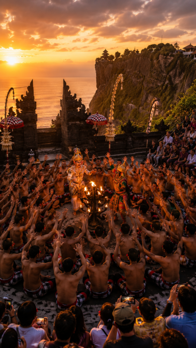 バリ島の夕暮れの寺院で数十人の男性が円陣を組み両手を掲げながら力強くケチャを披露する様子
