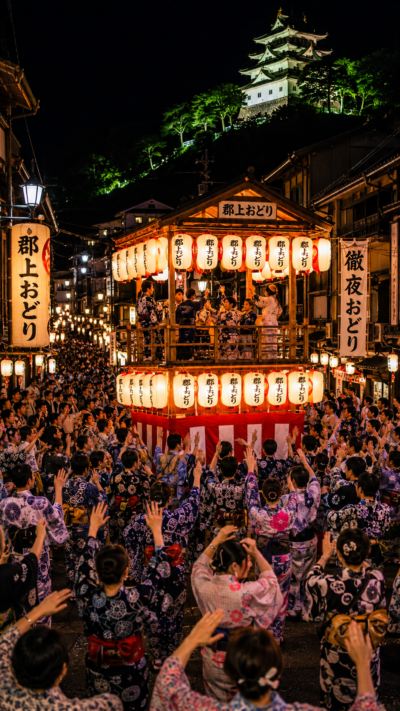 岐阜県郡上八幡の夜の城下町で浴衣姿の大勢の人々が提灯と踊り屋形を囲み夜通し郡上おどりを楽しむ風景