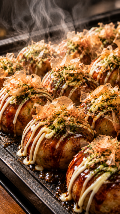 熱々の鉄板で丸く香ばしく焼き上げたたこ焼きに濃厚なソースとマヨネーズ、青のり、かつお節をたっぷりのせた大阪名物