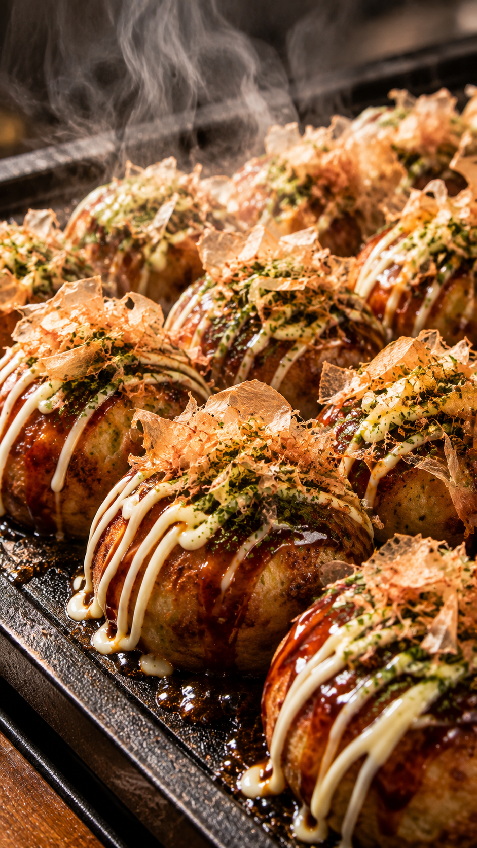 熱々の鉄板で丸く香ばしく焼き上げたたこ焼きに濃厚なソースとマヨネーズ、青のり、かつお節をたっぷりのせた大阪名物