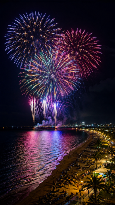 サンセットビーチの海上に色鮮やかな花火が打ち上がるシーポートちゃたんカーニバルの夜景