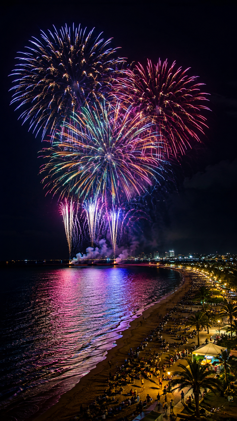 サンセットビーチの海上に色鮮やかな花火が打ち上がるシーポートちゃたんカーニバルの夜景