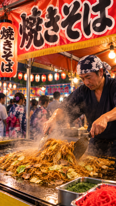 熱々の大きな鉄板で中華麺と豚肉、キャベツを豪快に炒め濃厚なソースと青のり、紅しょうがで仕上げた香ばしい焼きそば