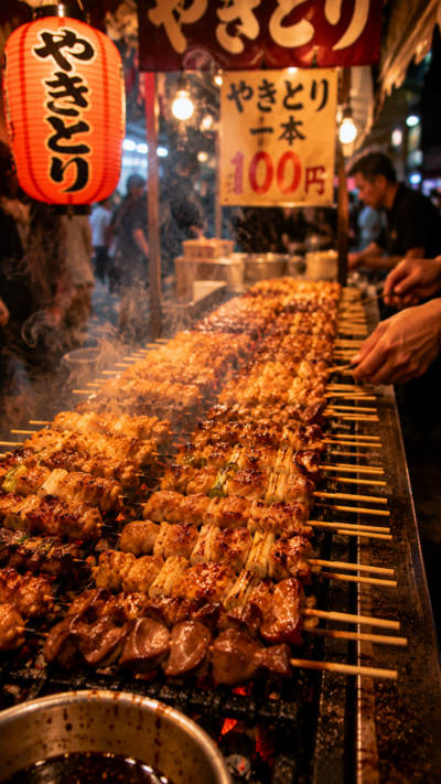 日本のお祭りの屋台で炭火の焼き台に鶏肉の串がずらりと並び甘辛いたれをまとって香ばしく焼き上がる熱々の焼き鳥
