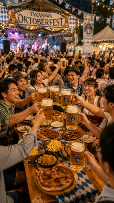 東京・高輪のオクトーバーフェスト会場で大きなジョッキのドイツビールと焼きたてのソーセージを囲み大勢の人々が笑顔で乾杯する華やかなビール祭り