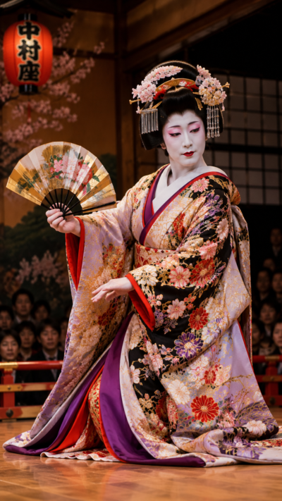 華やかな着物とかつらを身につけた歌舞伎の女方が伝統的な舞台で扇を手に繊細な所作と優雅な舞を披露する姿
