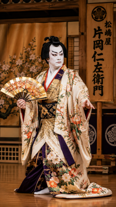 上方情緒あふれる伝統的な歌舞伎舞台で豪華な着物をまとった松嶋屋の歌舞伎役者が気品ある立ち姿と繊細な表情で演技を披露する片岡仁左衛門家の芸を象徴する光景