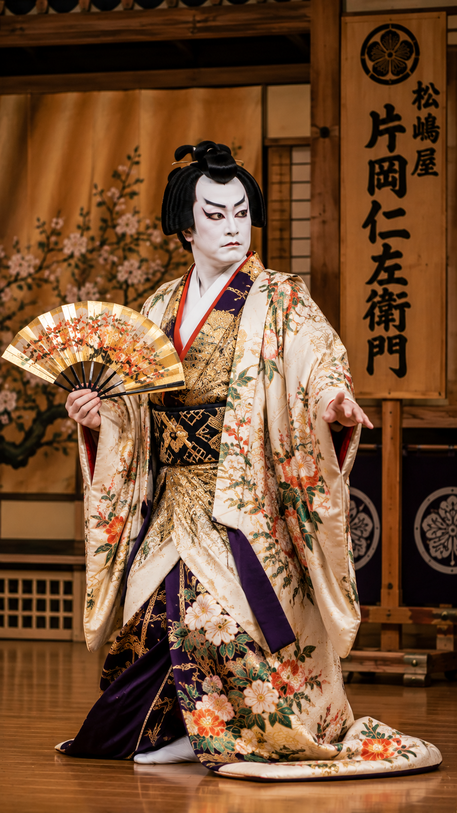 上方情緒あふれる伝統的な歌舞伎舞台で豪華な着物をまとった松嶋屋の歌舞伎役者が気品ある立ち姿と繊細な表情で演技を披露する片岡仁左衛門家の芸を象徴する光景