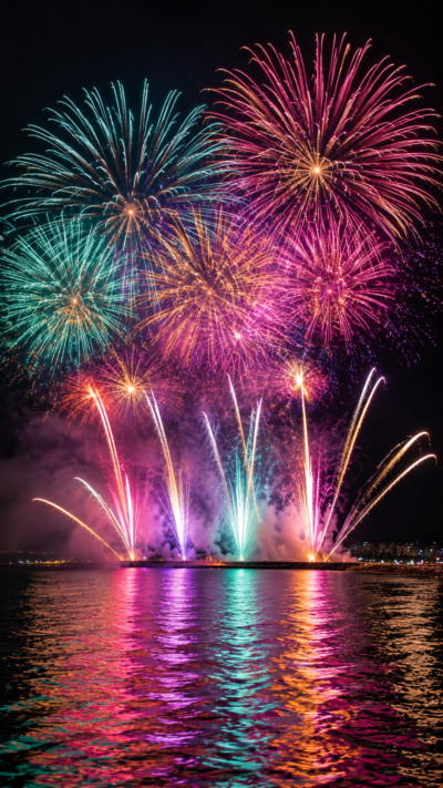 沖縄の海上に色鮮やかな花火が広がる琉球海炎祭の幻想的な夜景