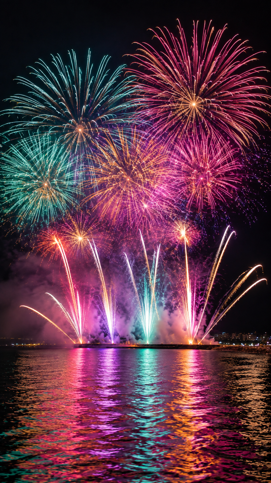 沖縄の海上に色鮮やかな花火が広がる琉球海炎祭の幻想的な夜景