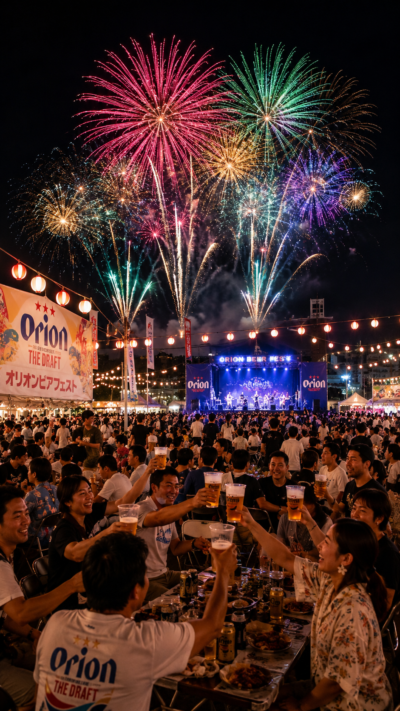 オリオンビールを楽しむ人々と色鮮やかな花火が夜空を彩るオリオンビアフェストの風景
