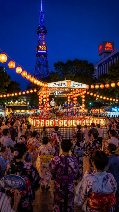 北海道札幌市の大通公園で夏の夜に提灯が輝くやぐらを大勢の浴衣姿の人々が囲んで北海盆踊りを楽しみ周囲のビアガーデンも多くの観光客でにぎわうさっぽろ夏まつりの光景