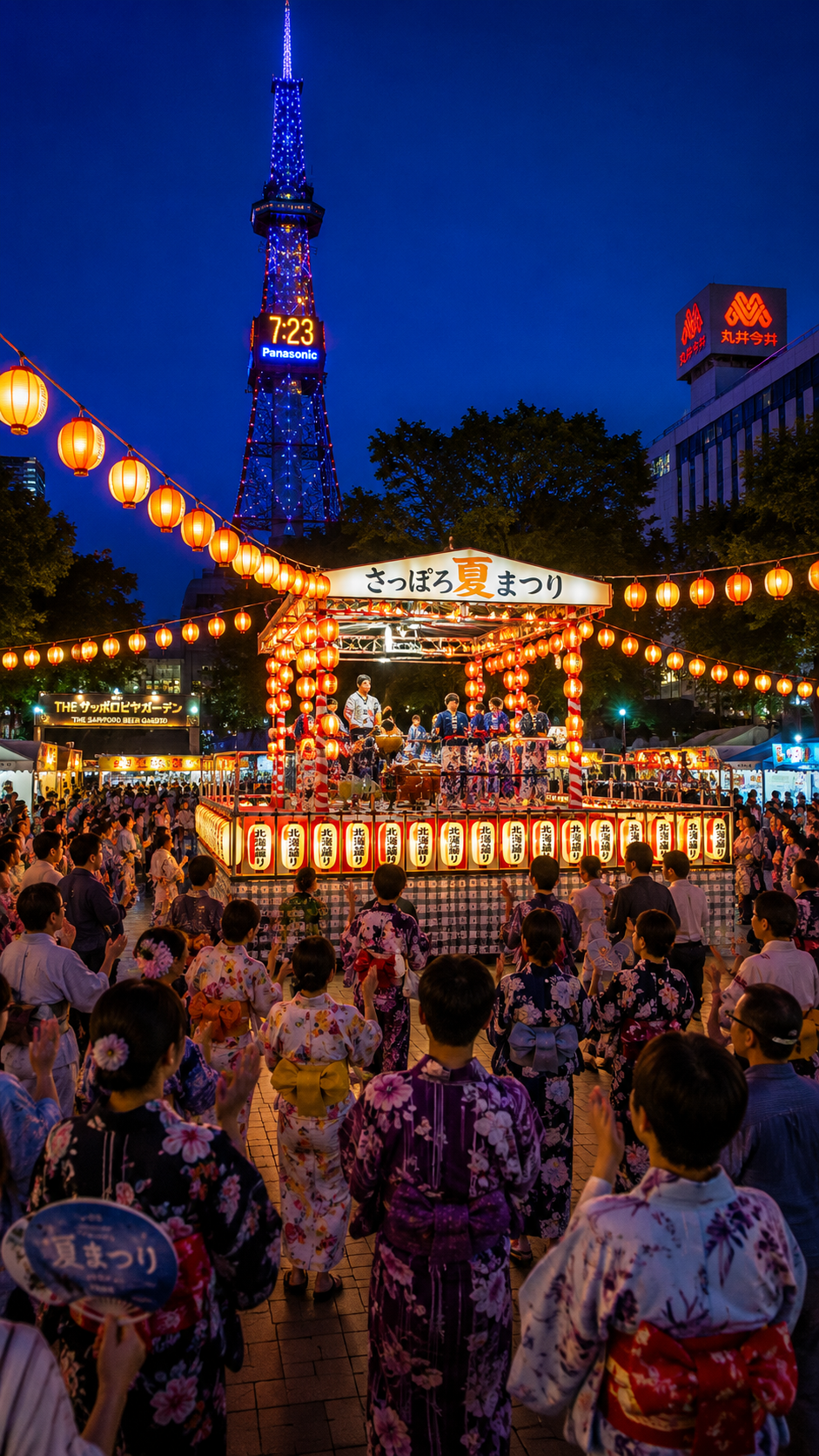 北海道札幌市の大通公園で夏の夜に提灯が輝くやぐらを大勢の浴衣姿の人々が囲んで北海盆踊りを楽しみ周囲のビアガーデンも多くの観光客でにぎわうさっぽろ夏まつりの光景