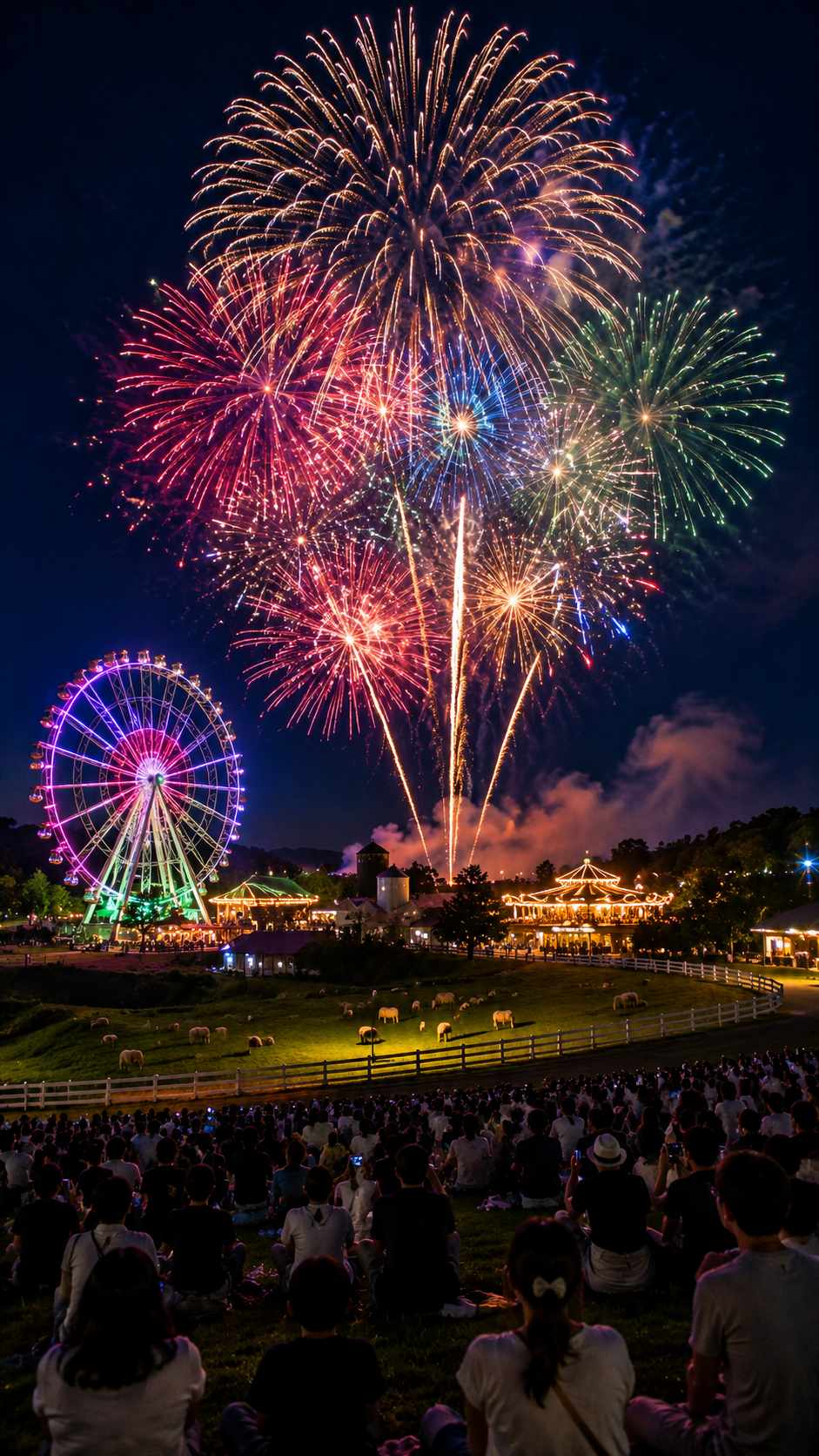 千葉県富津市のマザー牧場で夏の夜、暗く広がる牧場とライトアップされた観覧車を背景に赤や青や金色の大輪の打ち上げ花火が夜空いっぱいに広がり大勢の観客が見上げるサマーナイトファームの光景