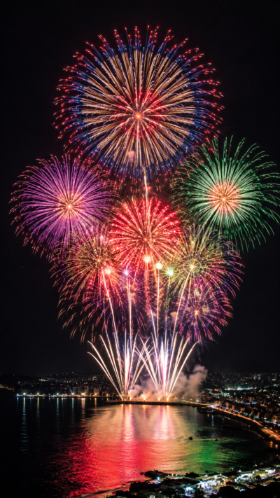 名護湾の海上に色鮮やかな花火が広がる名護夏まつり花火大会の夜景