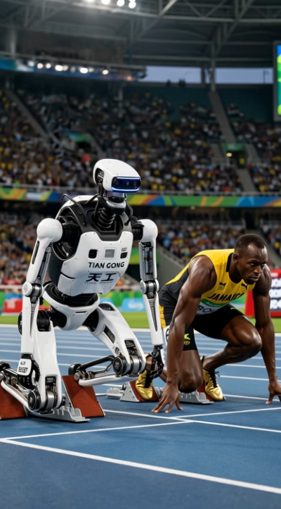 競技場で高速走行する中国の人型ロボットが100m走に挑戦する未来型ロボット競技の風景