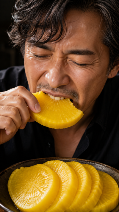厚切りの黄色いたくあんを口元で豪快にかじりポリポリと噛む様子