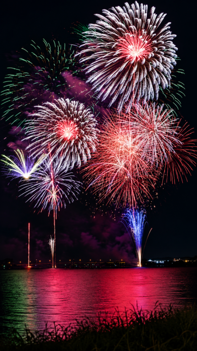 湖面に映る色鮮やかな花火が夜空を彩る手賀沼花火大会の風景