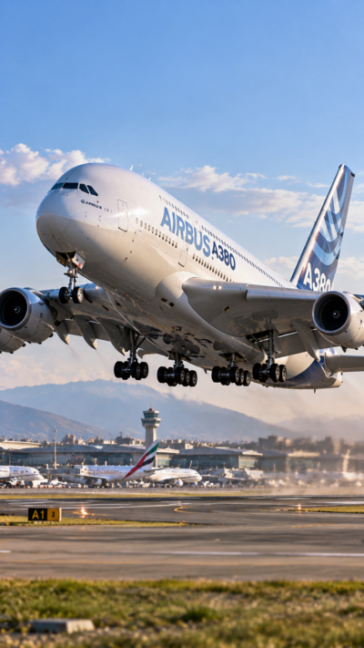 巨大なエアバスA380旅客機が空港の滑走路を走行し離陸する迫力ある航空風景