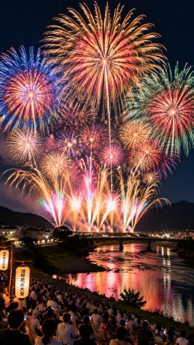 群馬県沼田市の夜空に色鮮やかな大輪の花火とスターマインが広がる沼田花火大会の風景