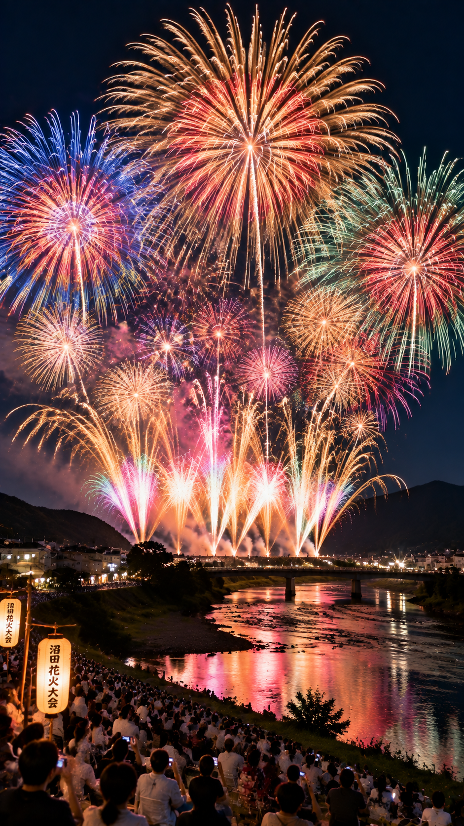 群馬県沼田市の夜空に色鮮やかな大輪の花火とスターマインが広がる沼田花火大会の風景